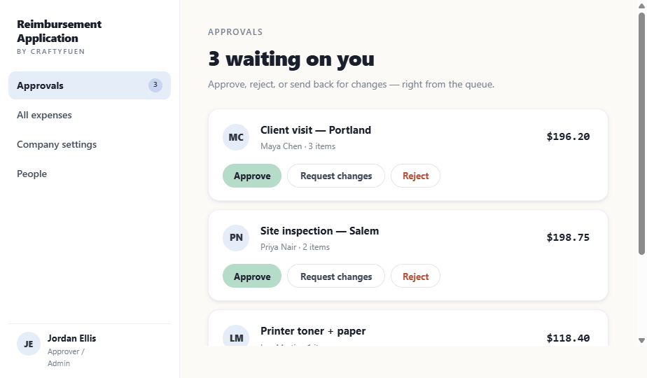 Approvals queue — 3 waiting on you